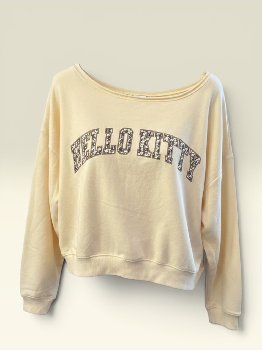 Hello Kitty Pale Crop Yellow Raw Hem Neckline Sweatshirt